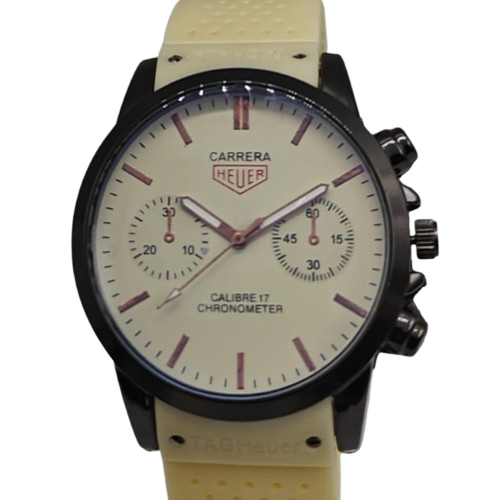 Carrera Heuer Calibre 17 Chronograph Men’s Watch – Cream Dial with Yellow Strap