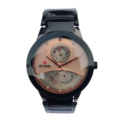 Rado Skeleton Dial Men’s Watch – Black Strap & Rose Gold Open Heart Design