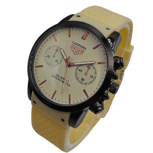 Carrera Heuer Calibre 17 Chronograph Men’s Watch – Cream Dial with Yellow Strap