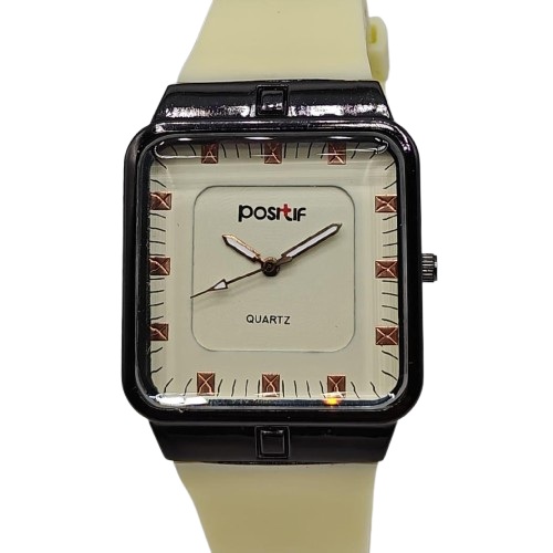 Postif Quartz Men’s Watch – Square Case with Beige Strap & Cream Dial