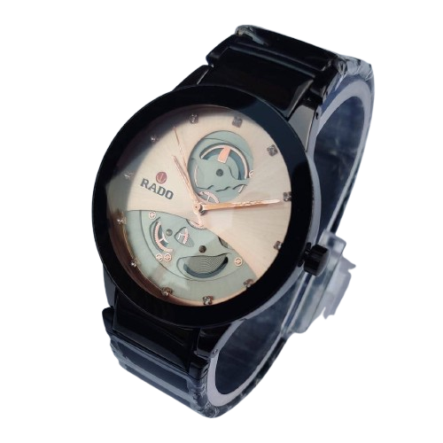 Rado Skeleton Dial Men’s Watch – Black Strap & Rose Gold Open Heart Design