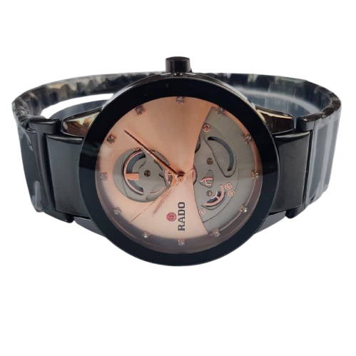 Rado Skeleton Dial Men’s Watch – Black Strap & Rose Gold Open Heart Design