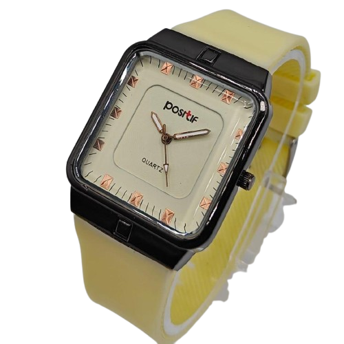 Postif Quartz Men’s Watch – Square Case with Beige Strap & Cream Dial